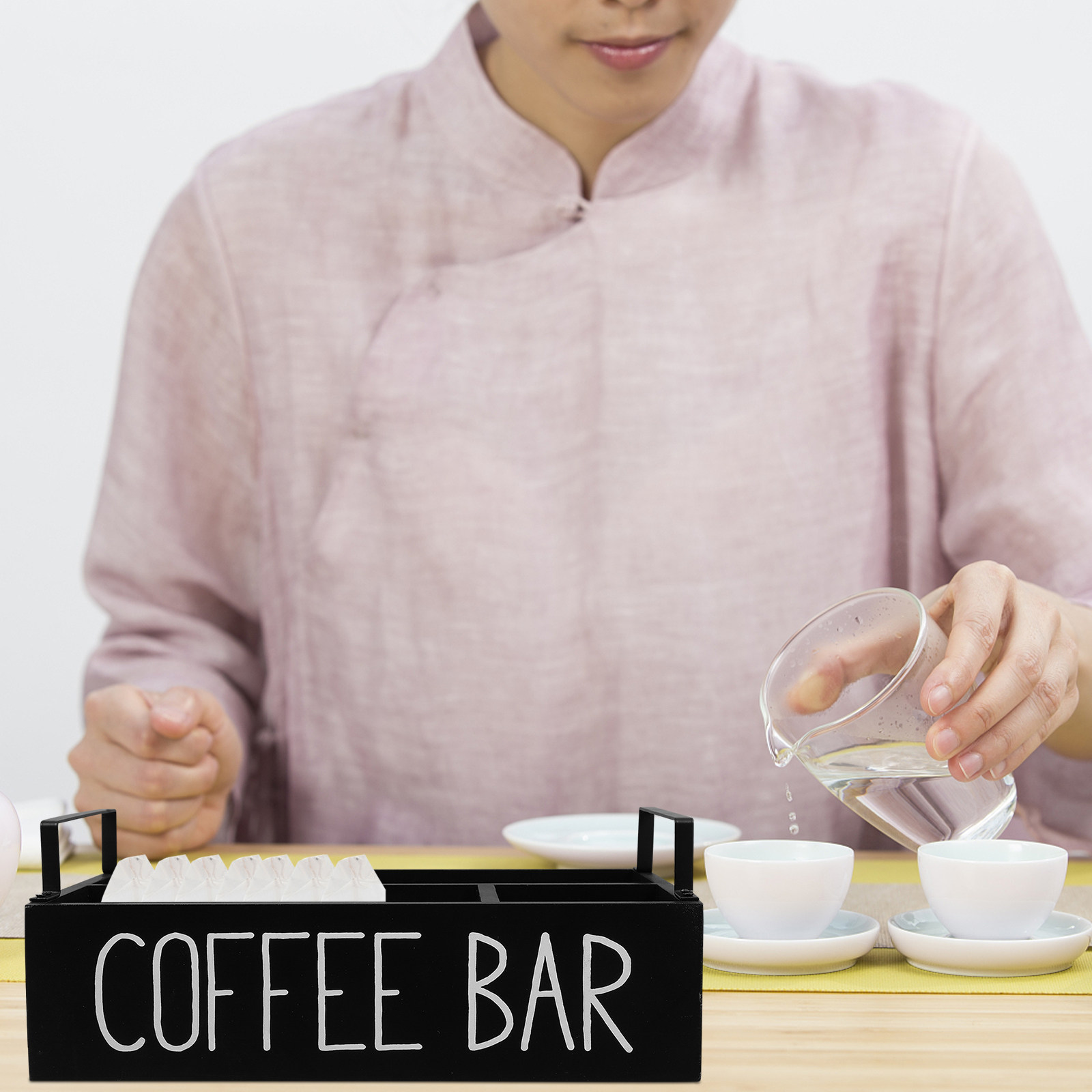 Coffee Tea Sugar - منظم أكياس الشاي الخشبي متعدد الأقسام،