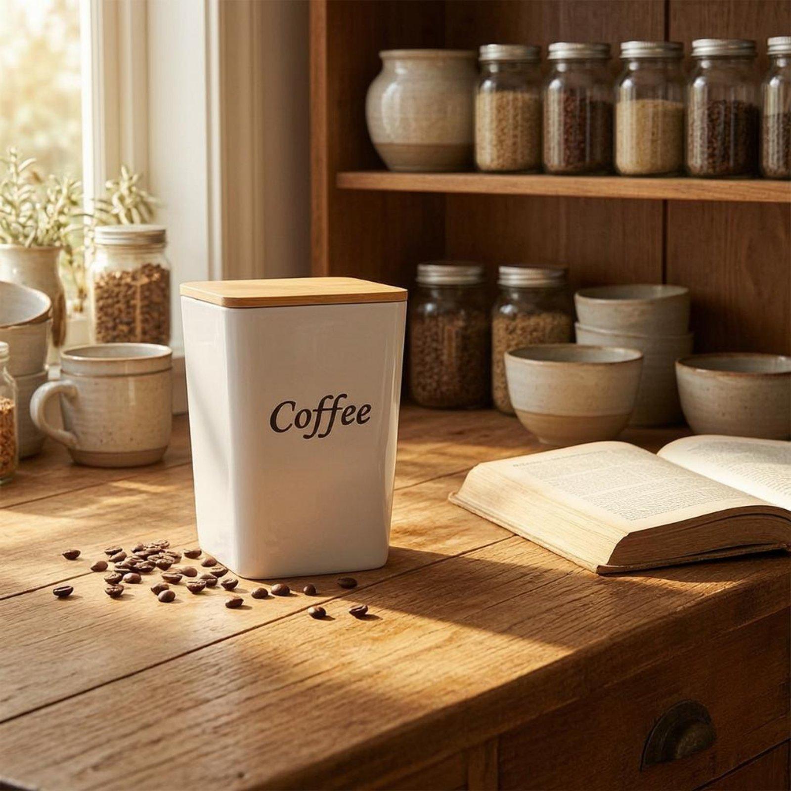 Coffee Tea Sugar Canisters - مجموعة علب معدنية بغطاء من الخيزران