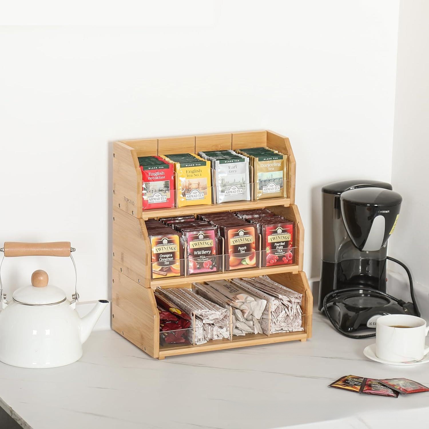 Coffee Tea Organizer - صندوق تخزين أكياس الشاي من الخيزران،